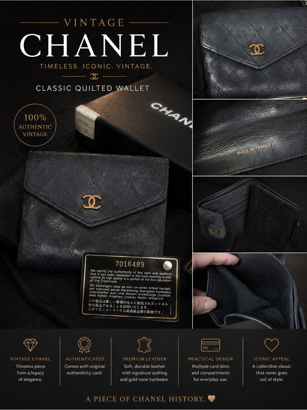 Vintage Chanel Black Lambskin CC Logo Compact Wallet With Box
